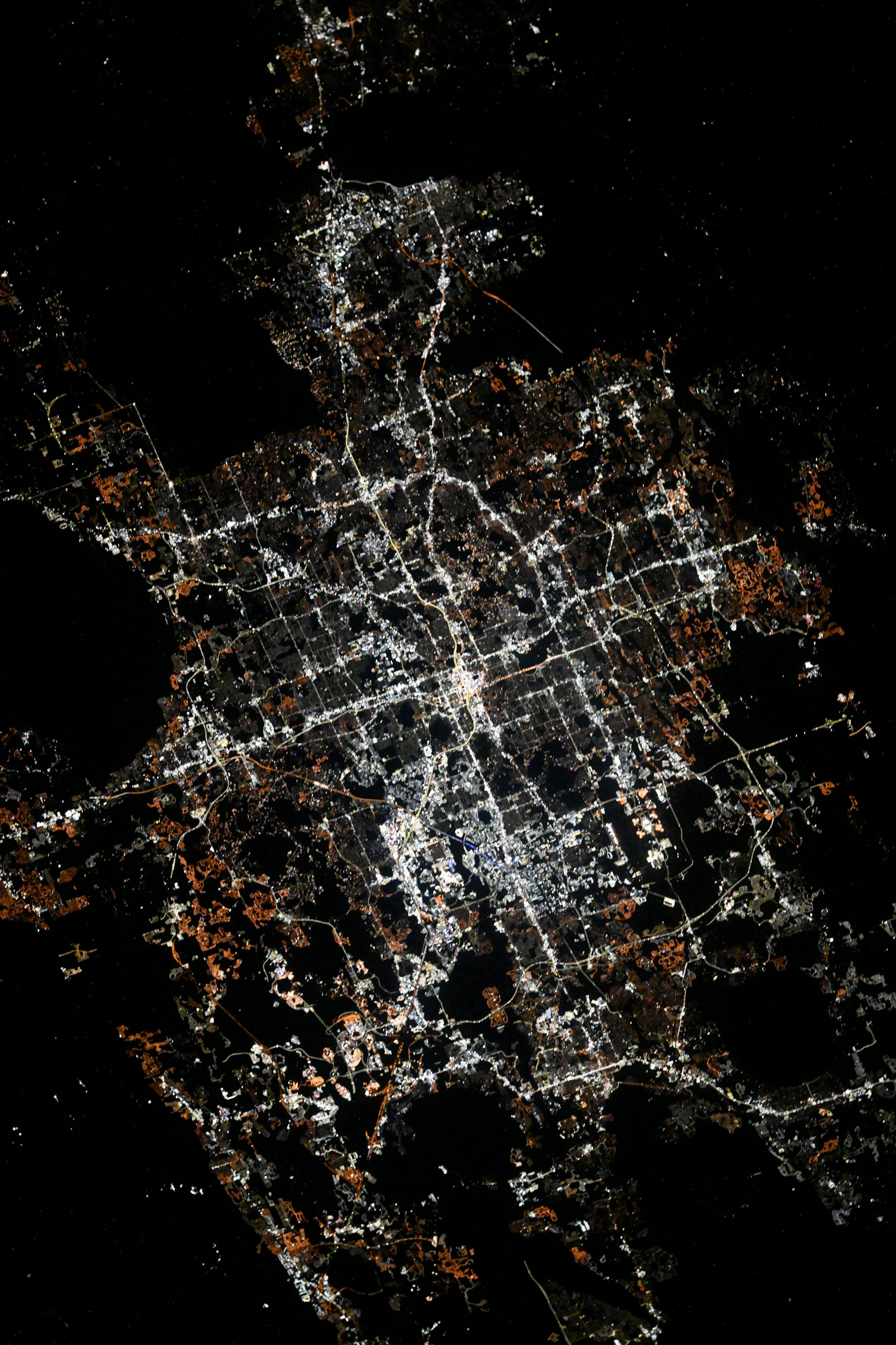 the view from space at night of glowing city lights on Earth