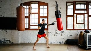 Male boxer training on sandbag in gym