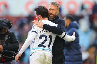 BIRMINGHAM, ENGLAND - OCTOBER 16: Graham Potter, manager of Chelsea, embraces Ben Chilwell of Chelsea following the Premier League match between Aston Villa and Chelsea FC at Villa Park on October 16, 2022 in Birmingham, England. (Photo by James Gill - Danehouse/Getty Images)