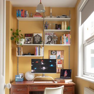 Home office shelving unit with various items displayed, computer and desk