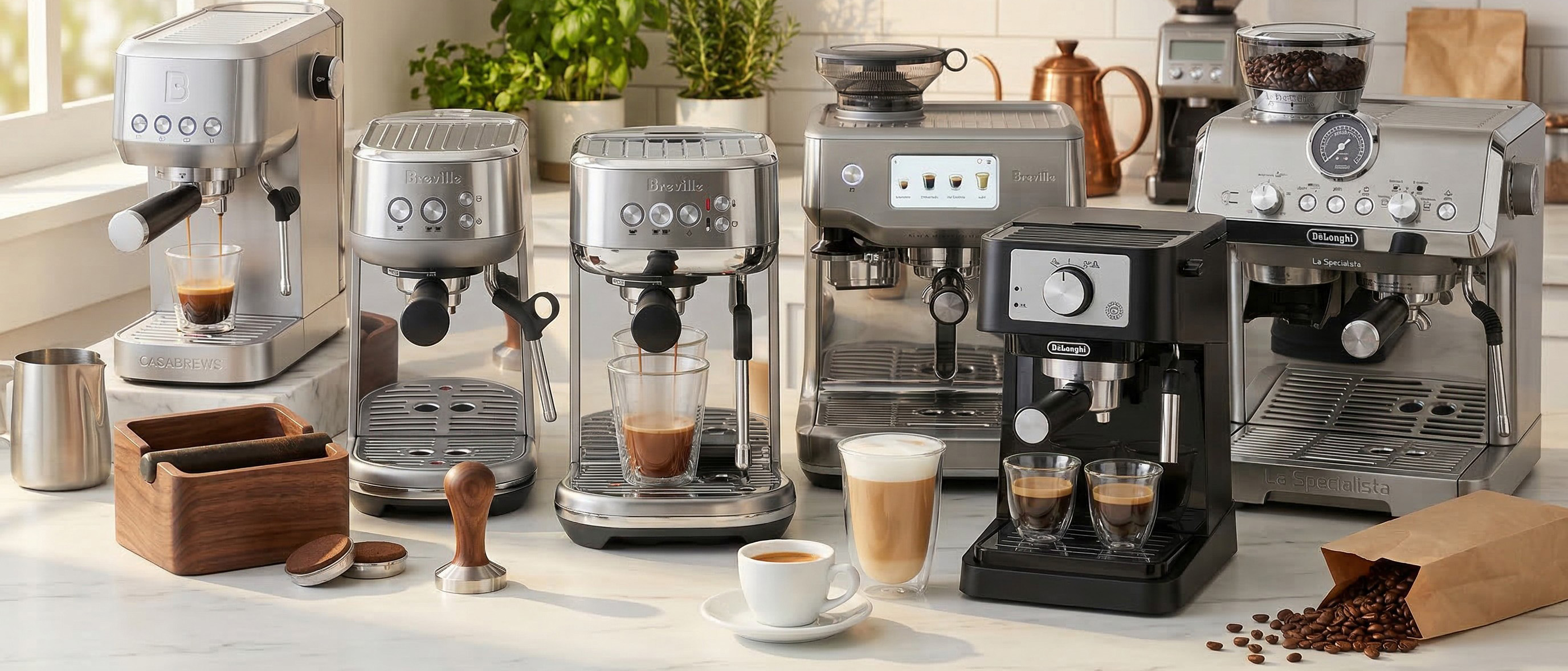 a composite image of the casabrews 3700 essential, breville bambino, breville bambino plus, breville oracle dual boiler, delonghi stilosa, delonghi la specialista arte evo 