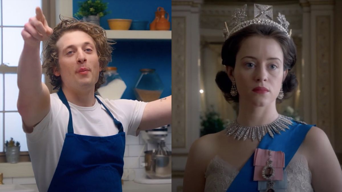 Jeremy Allen White as Carmy in The Bear/Claire Foy as Queen Elizabeth II in The Crown (side by side)