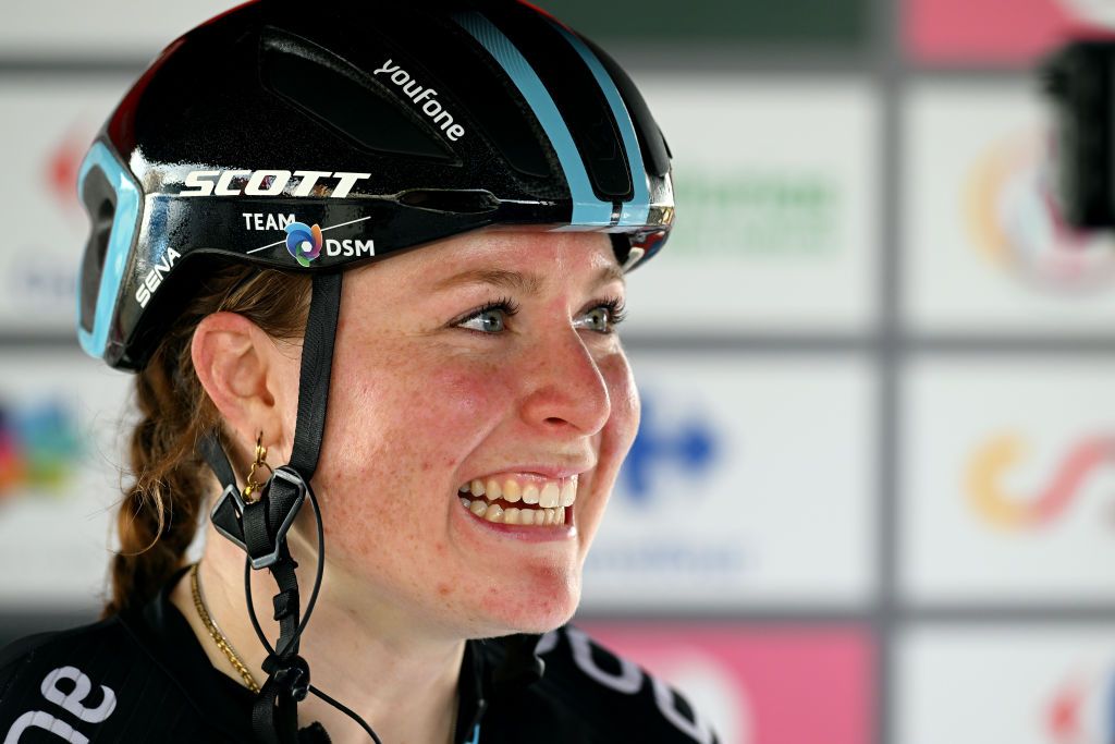 PILAR DE LA HORADADA SPAIN MAY 02 Stage winner Charlotte Kool of The Netherlands and Team DSM attends to the media press after the 9th La Vuelta Femenina 2023 Stage 2 a 1058km stage from Orihuela to Pilar de la Horadada UCIWWT on May 02 2023 in Pilar de la Horadada Spain Photo by Dario BelingheriGetty Images