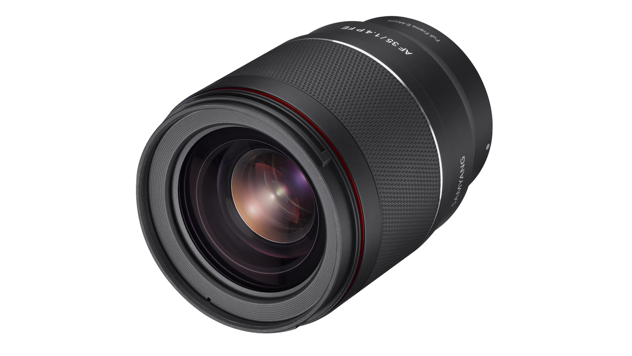 Samyang AF 35mm f/1.4 P FE lens product shot on a white background