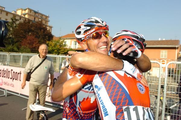 Daniel Moreno and Katusha teammate Luca Paolini celebrate their double podium in the Giro del Piemonte.
