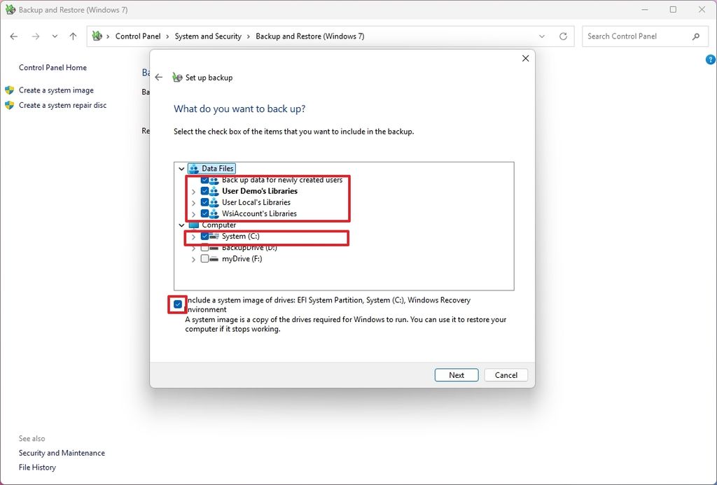 Windows 11 backup choose data