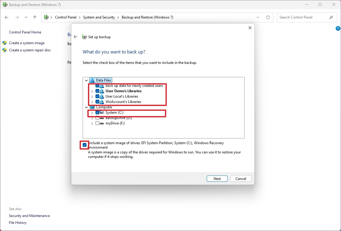 Windows 11 backup choose data