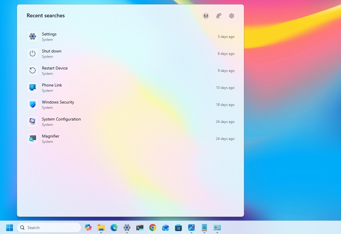 Windows 11 desktop showing search home page with recent searches.