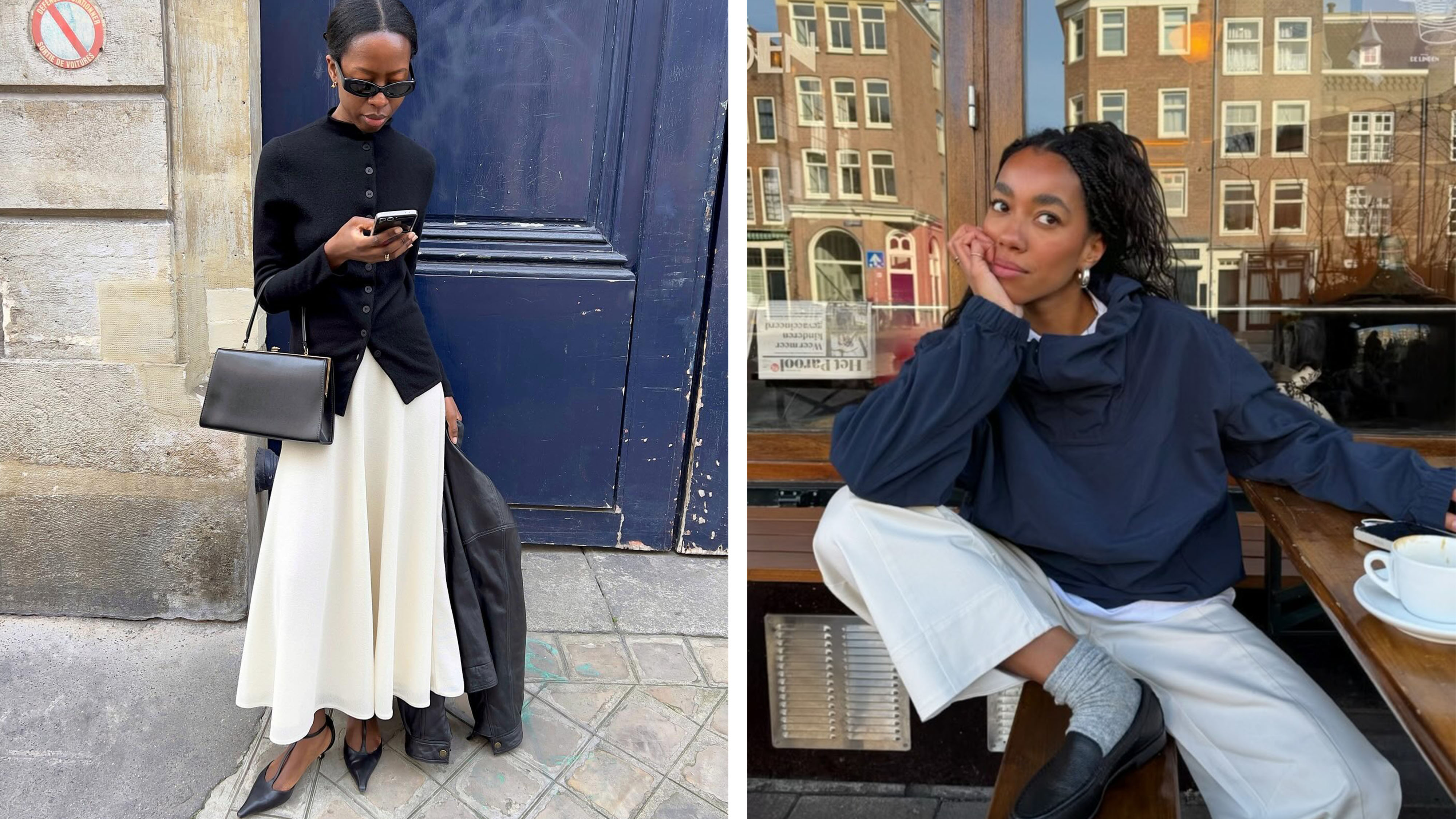 Woman wearing a cardigan and white skirt; woman wearing a navy jacket and white pants