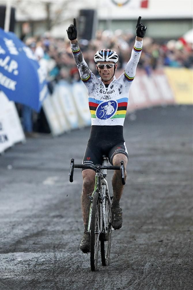 World champion Sven Nys (Crelan-AA Drink) celebrates winning his ninth Belgian elite 'cross championship