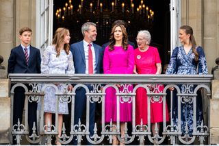 Prince Vincent, Princess Josephine, King Frederik X, Queen Mary, Crown Prince Christian, Queen Margrethe and Princess Isabella celebrate King Frederick's birthday at Frederik VIII's Palace, Amalienborg on May 26, 2024 in Copenhagen, Denmark.