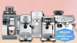 a composite image of the delonghi rivelia, breville bambino, breville bambino plus, breville barista express, and casabrews 3700 essential with an amazon's spring sale