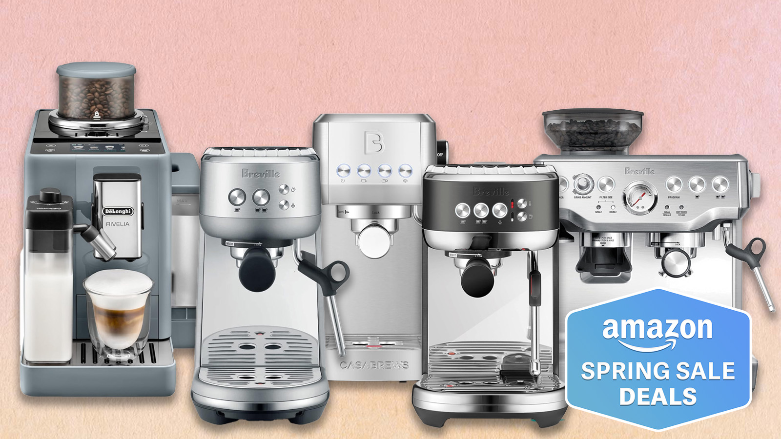 a composite image of the delonghi rivelia, breville bambino, breville bambino plus, breville barista express, and casabrews 3700 essential with an amazon's spring sale