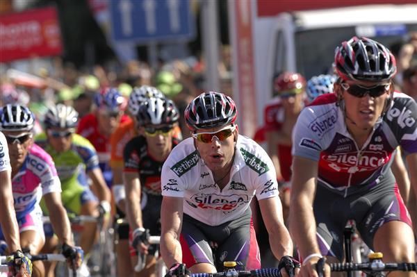Cadel Evans (Silence-Lotto) follows teammate Francis De Greef over the finish line on stage 10
