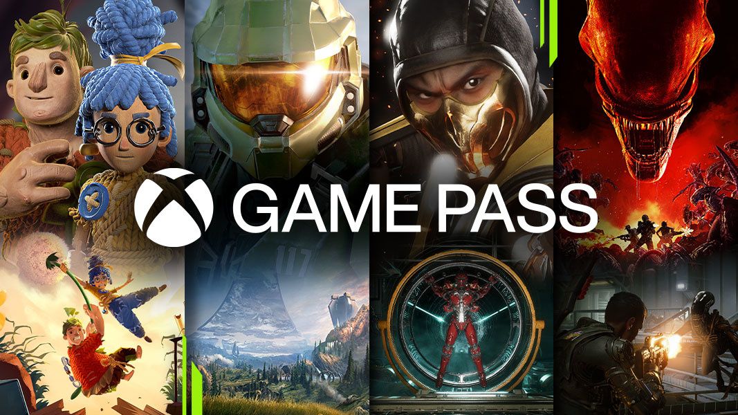 The Xbox Game Pass Logo in front of four video game characters, including Halo&#039;s Master Chief and Mortal Kombat&#039;s Scorpion