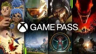 The Xbox Game Pass Logo in front of four video game characters, including Halo's Master Chief and Mortal Kombat's Scorpion
