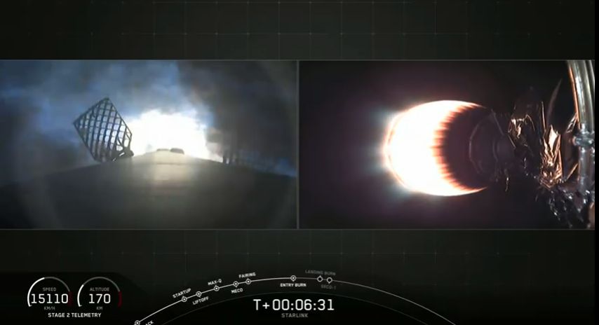 The reentry burn begins for a grizzled veteran SpaceX Falcon 9 first stage booster (left) on its third flight while its second stage continues to orbit with 60 Starlink satellites on May 23, 2019.