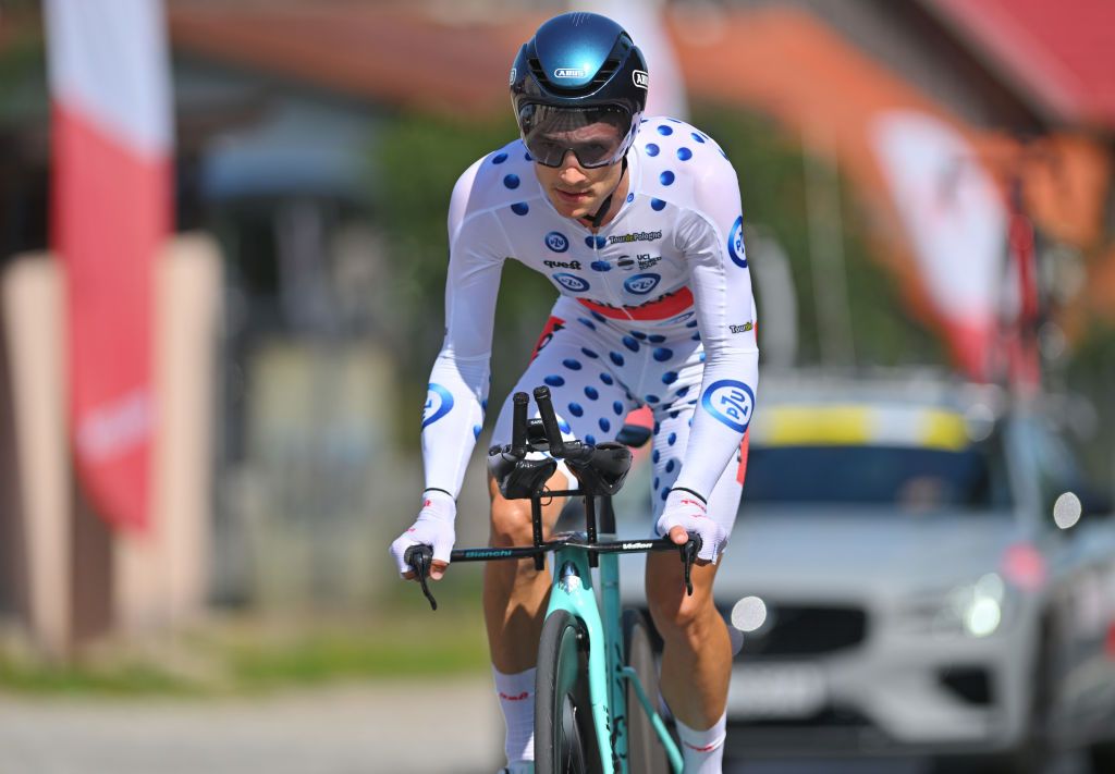 KARPACZ POLAND AUGUST 13 Michal Paluta of Poland and Polish National Team Polka dot Mountain Jersey sprints during the 81st Tour de Pologne Stage 2 a 154km individual time trial stage from Mysakowice to Karpacz UCIWT on August 13 2024 in Karpacz Poland Photo by Luc ClaessenGetty Images