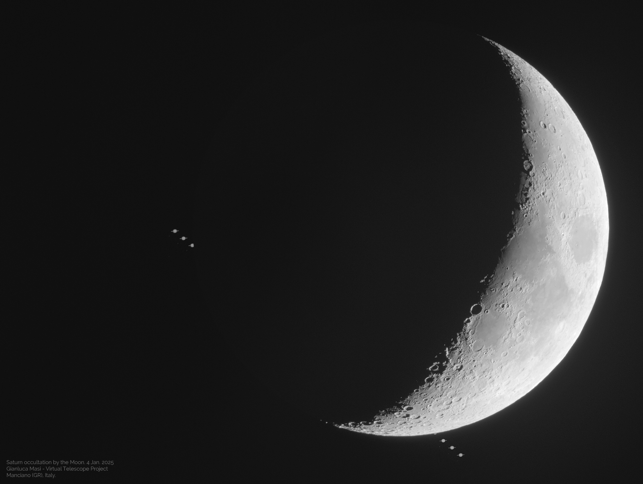 a ringed planet disappears behind a crescent moon in a timelapse image