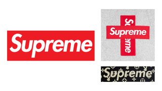 Supreme logo in white text with red box backdrop, seen on clothing in multiple layers and in collaboration with Louis Vuitton and Playboy
