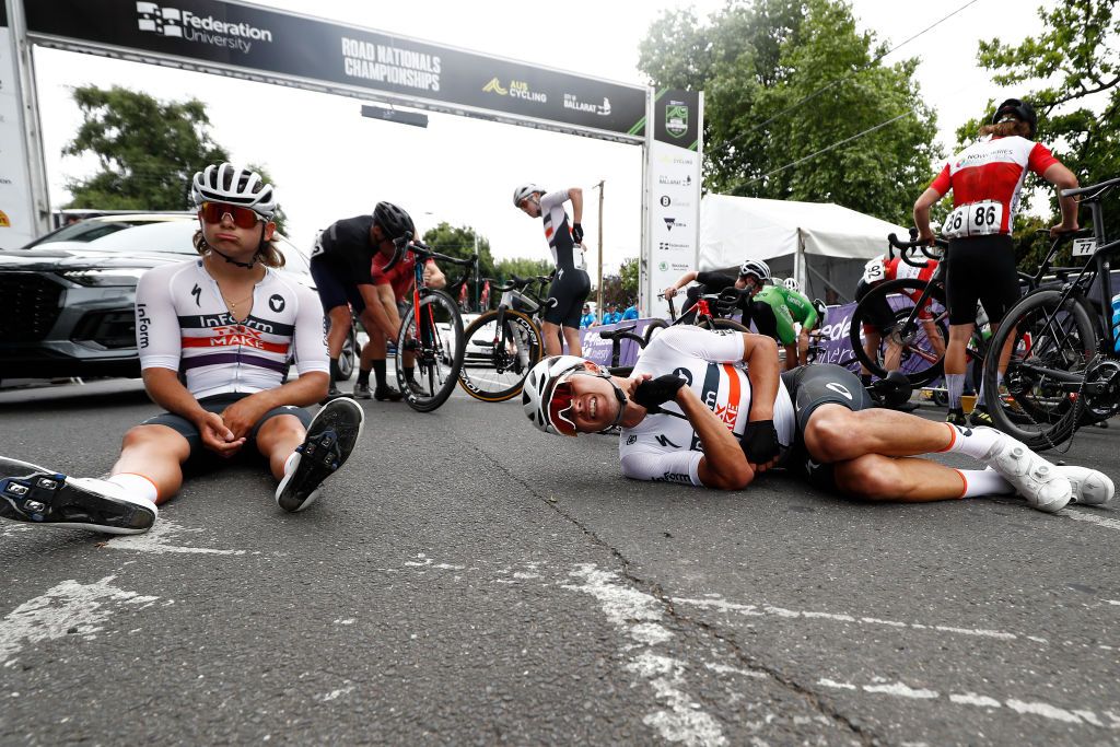 BALLARAT AUSTRALIA JANUARY 15 LR Blake Agnoletto of Australia and Elliot Schultz of Australia injured after being involved in a crash during the Australian Cycling National Championships 2022 Mens U23 Road Race a 1392km race from Ballarat to Ballarat AusCyclingAus on January 15 2022 in Ballarat Australia Photo by Con ChronisGetty Images