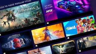 A screen showing off cover images for Titanfall 2, Battlefield V and The Sims 4 as well as other EA games.