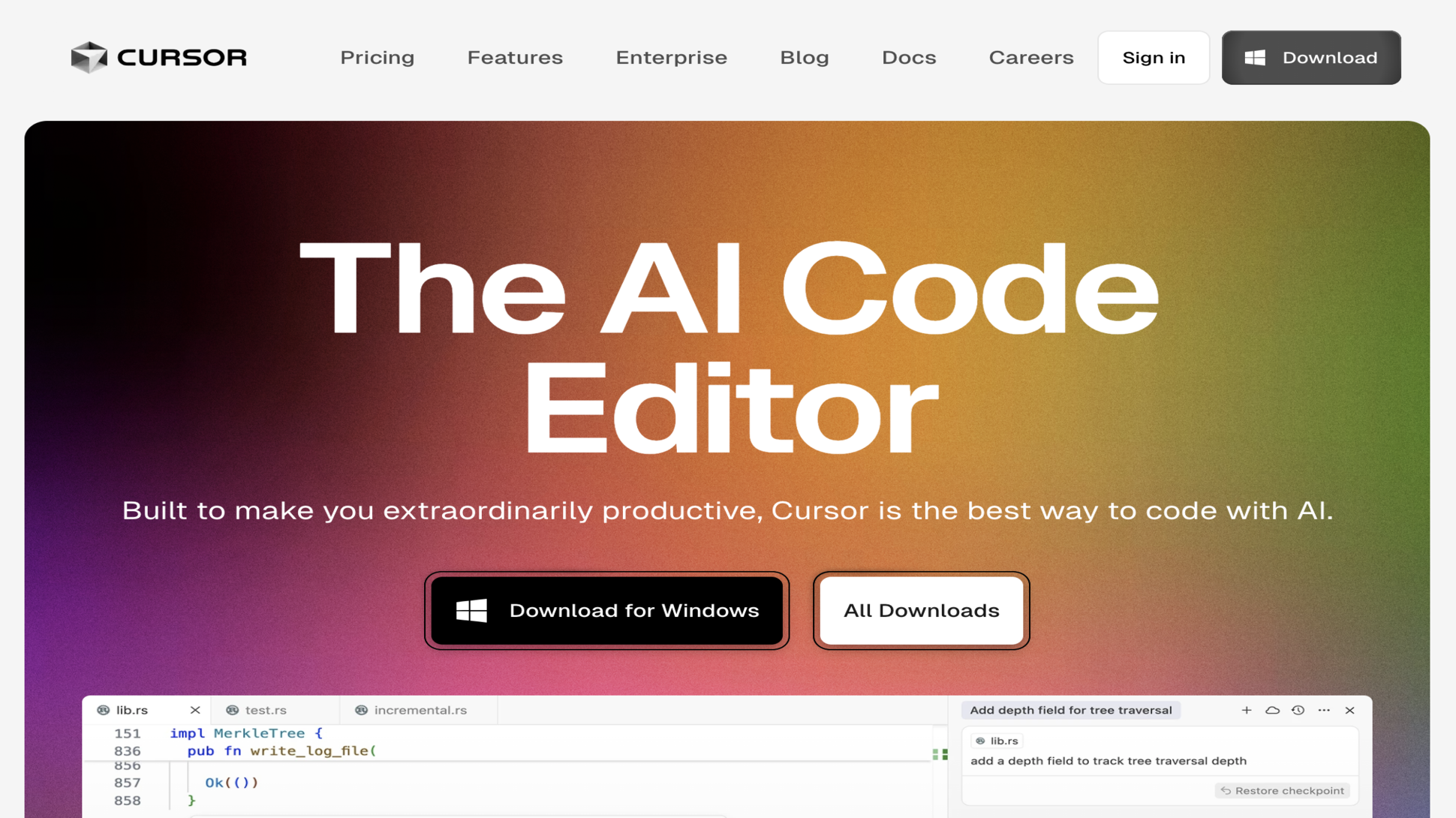 Screen grab of Cursor AI website