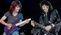 LEFT: Eddie Van Halen plays a rare purple Charvel guitar at a special performance with Allan Holdsworth at the Roxy Theatre on April 29, 1982 in Los Angeles RIGHT: Tony Iommi, of the group Black Sabbath, performs in concert, New York, New York, October 29, 1983. 