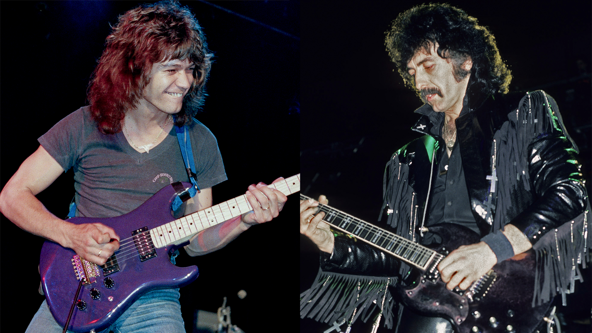LEFT: Eddie Van Halen plays a rare purple Charvel guitar at a special performance with Allan Holdsworth at the Roxy Theatre on April 29, 1982 in Los Angeles RIGHT: Tony Iommi, of the group Black Sabbath, performs in concert, New York, New York, October 29, 1983. 
