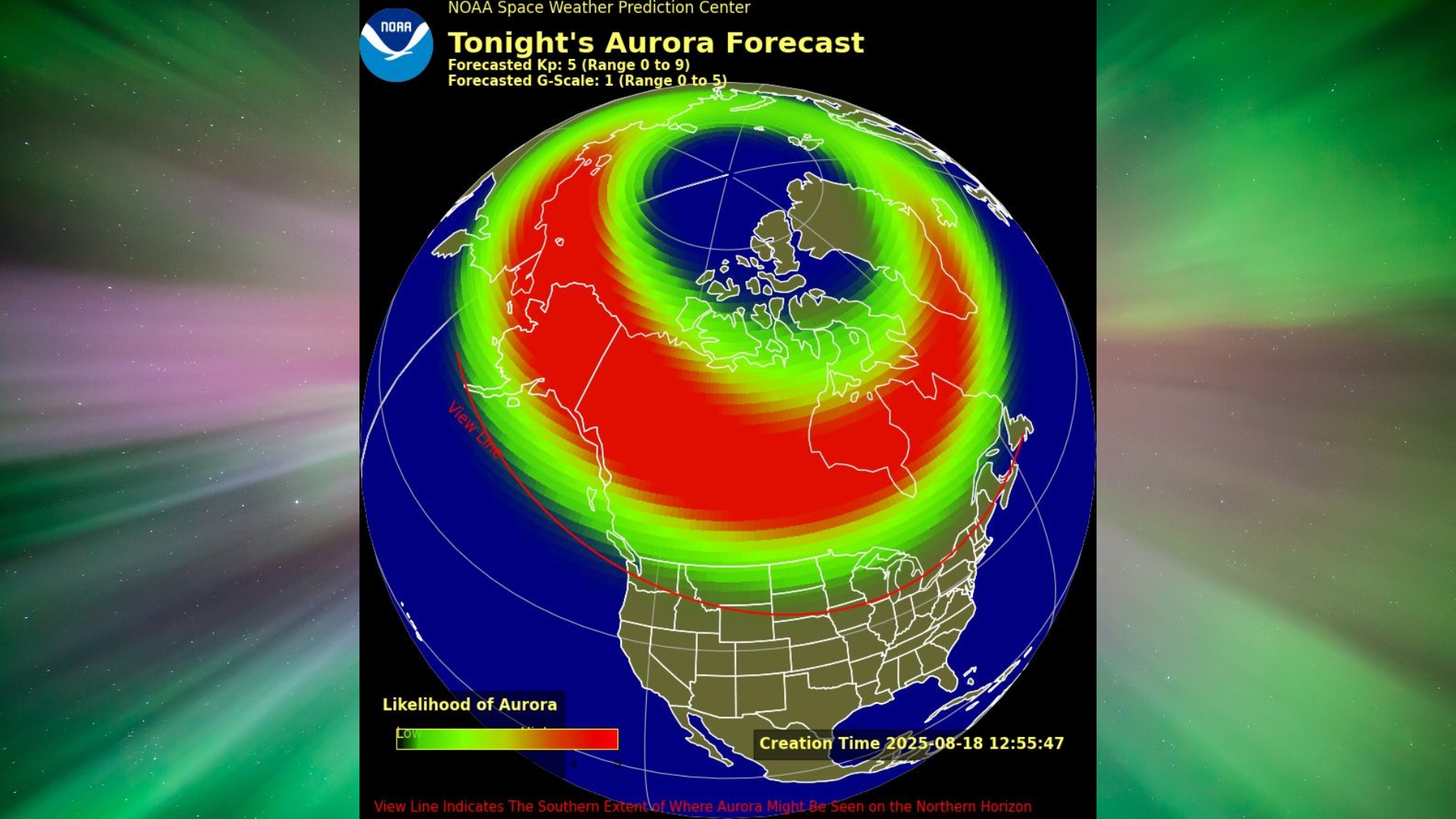 該圖顯示了今晚的Aurora查看地圖和15個美國的觀看圖，這些圖是完全或部分出現的。背景是一個極光電暈 - 奧羅拉（Aurora）似乎在窗簾上帶有綠色和紫色的光線。