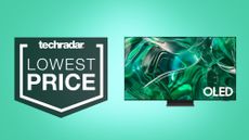 Samsung S95C OLED TV on bright green background with lowest price text overlay