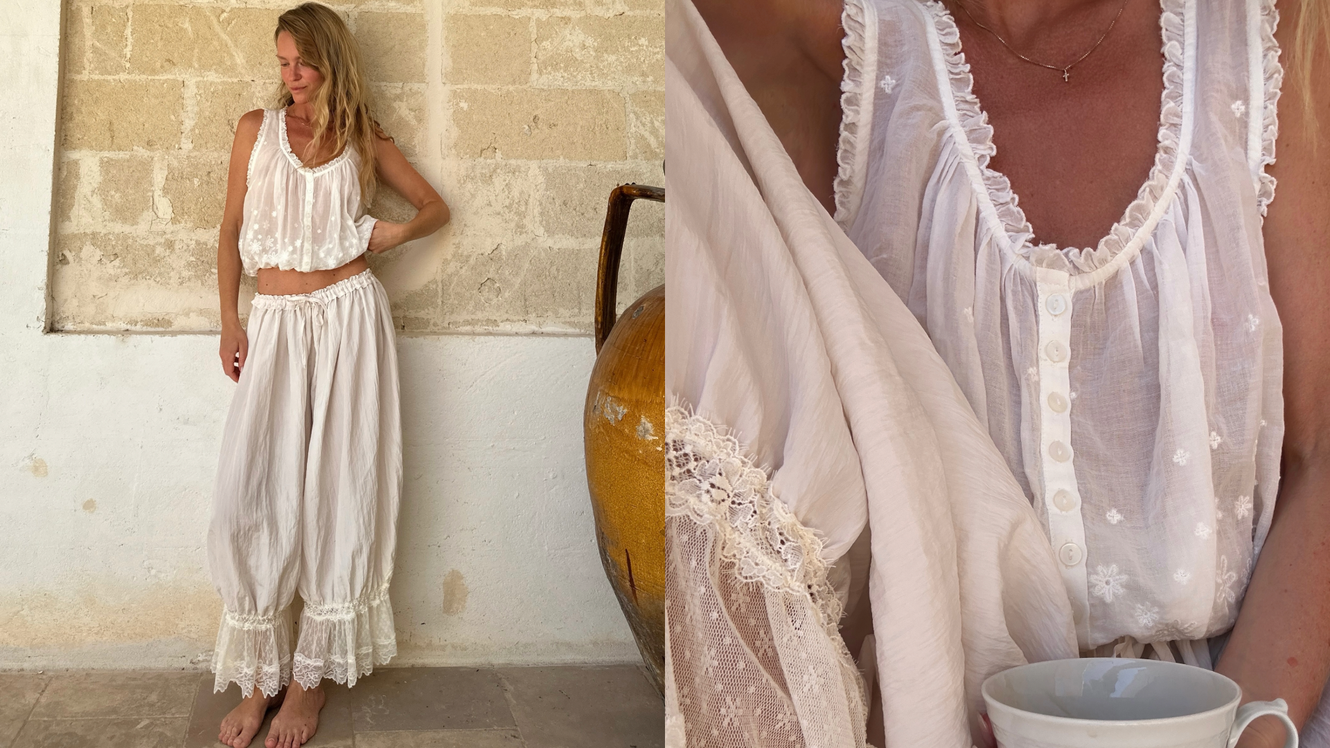 Jeanette Madsen in white embroidered hem pants.