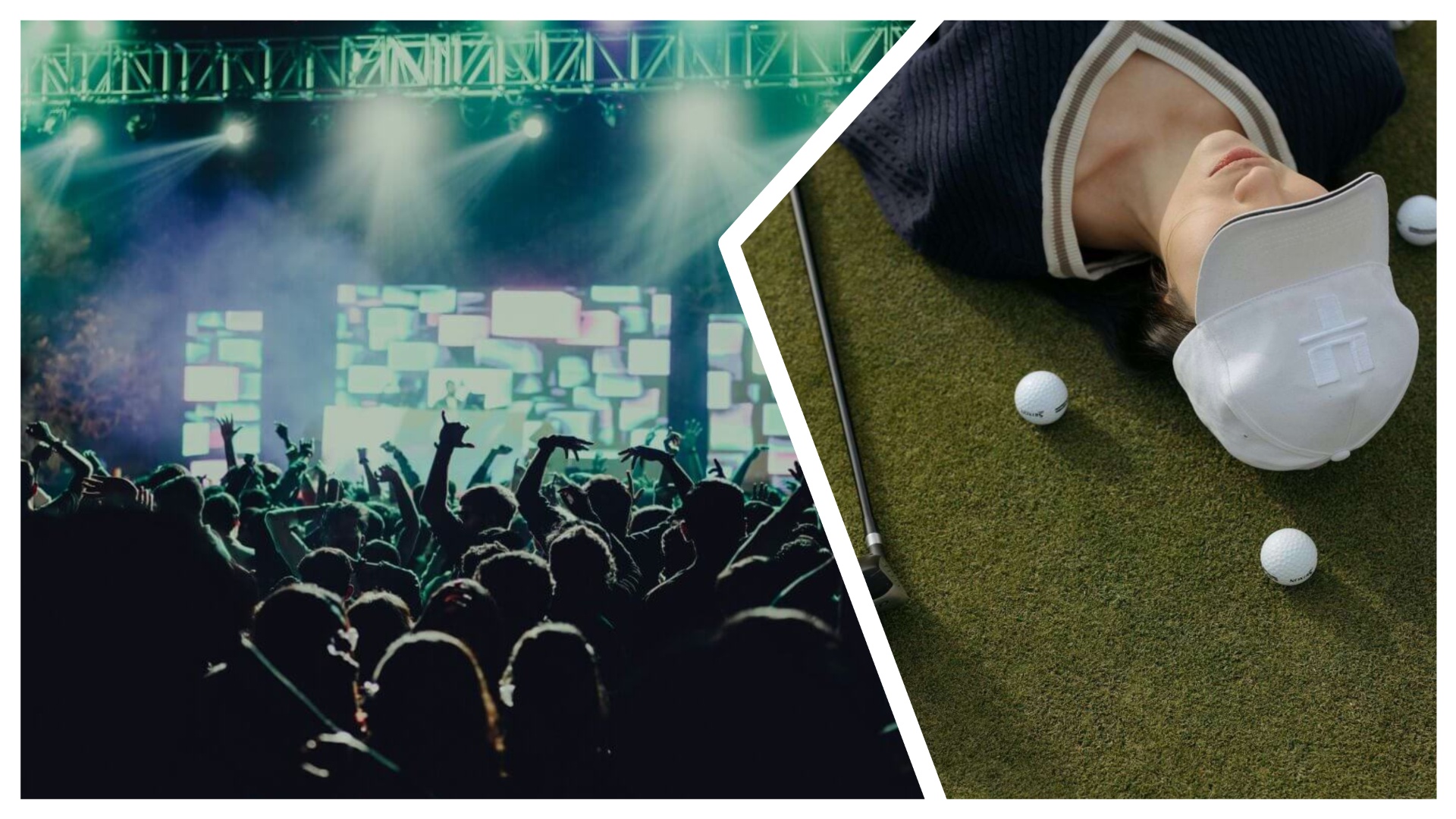 People clubbing and then a person laying down on a golf green with a putter beside them 