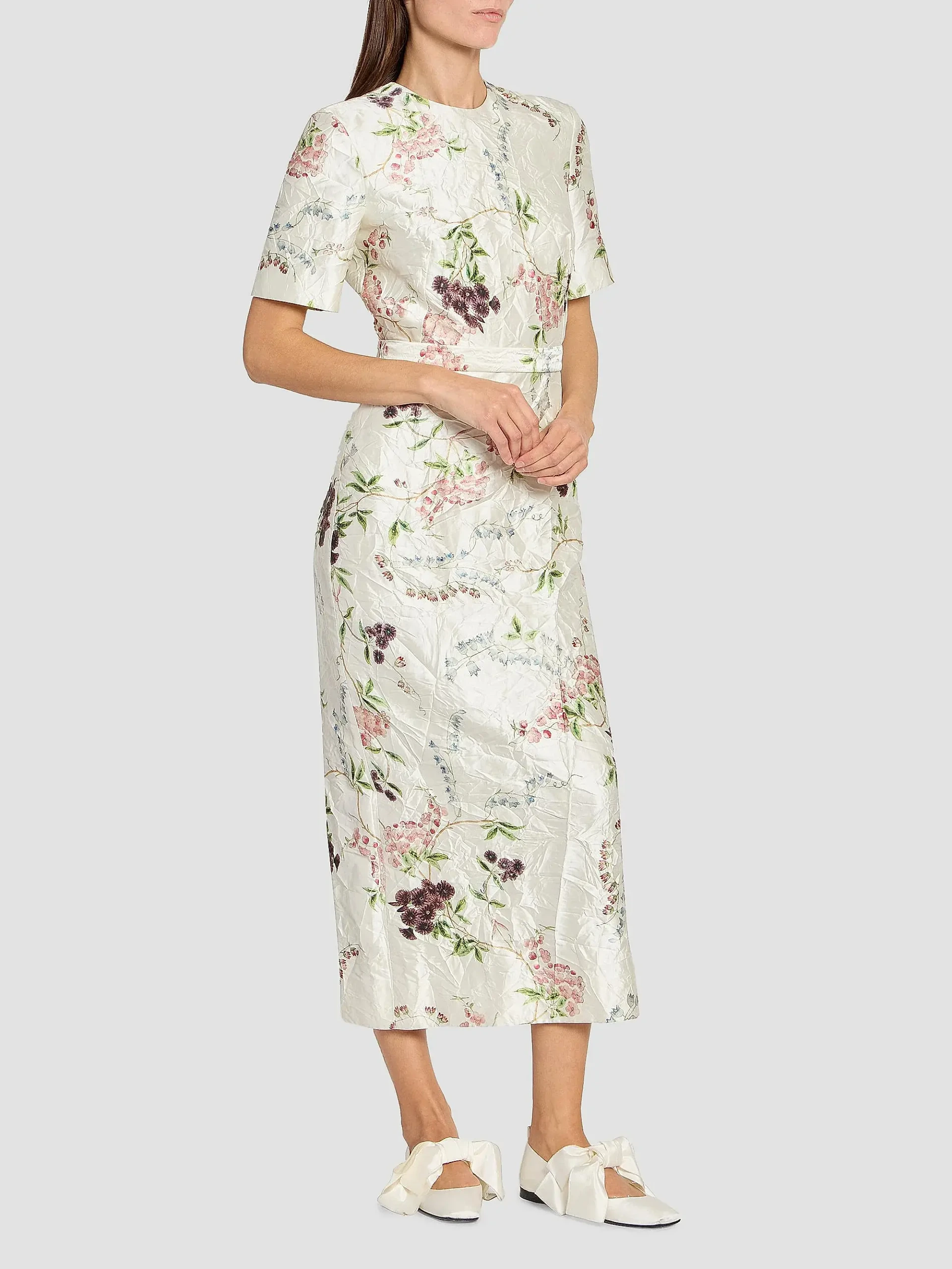 Floral Textured Satin Midi-Dress