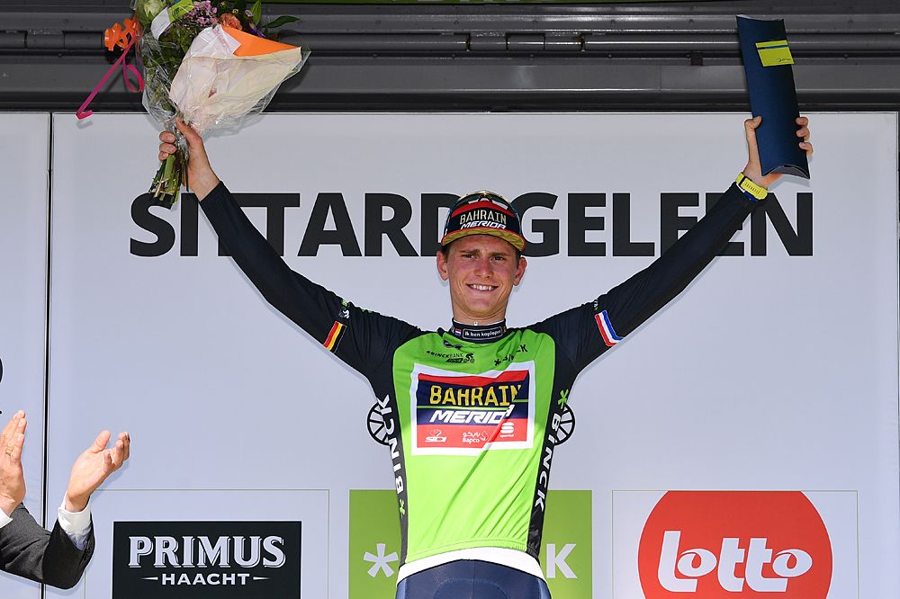 Matej Mohoric of Slovenia and Team Bahrain - Merida Green Leader Jersey