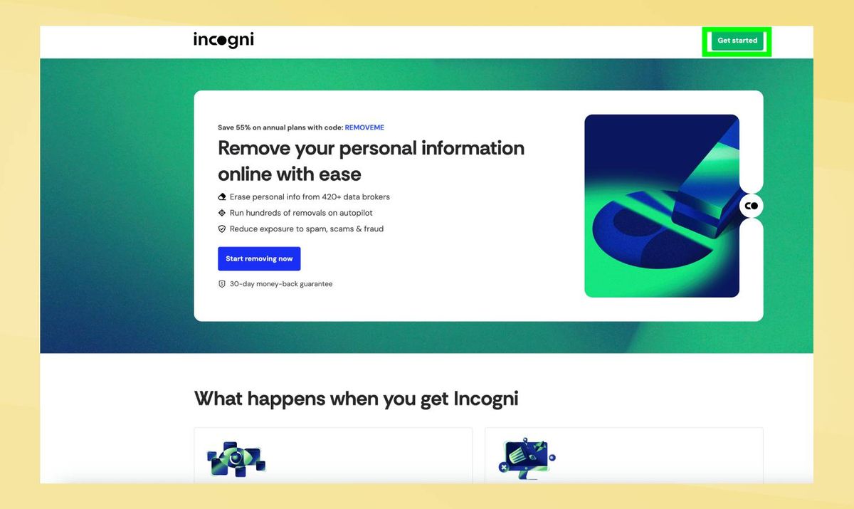 Get Started highlighted on Incogni homepage