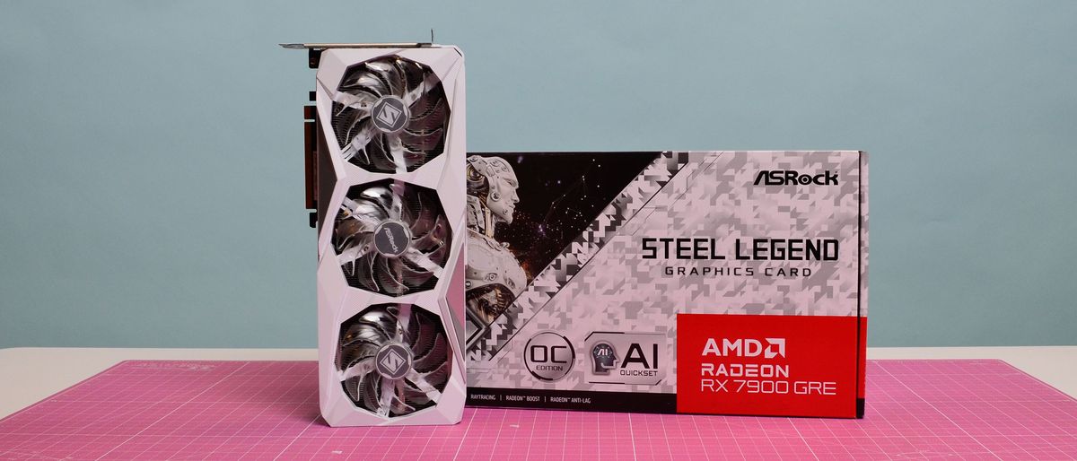 An ASRock Steel Series Radeon RX 7900 GRE on a desk