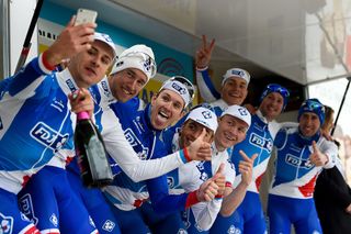 FDJ riders take a selfie photo on the podium after winning the Team Time Trial on day one of the tour of 'La Mediterraneenne'