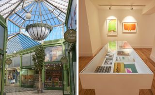 Left: indoor shopping centre with glass roof. Right: alternative angle of the gallery of colourful artworks