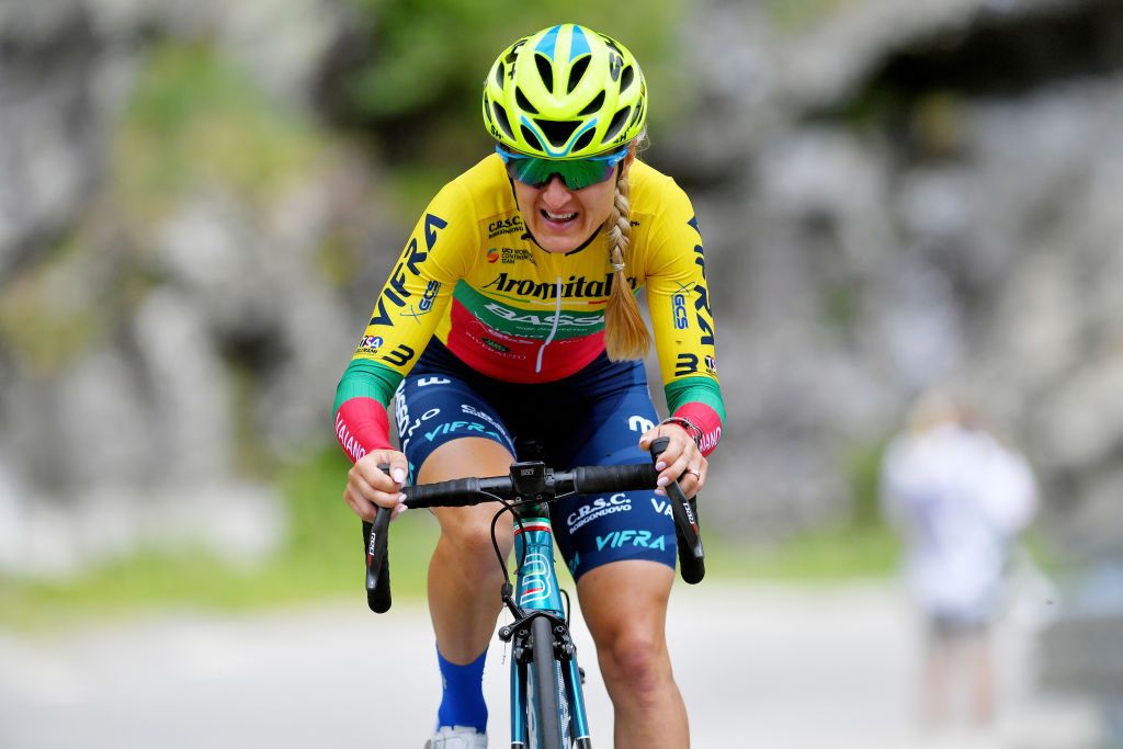 CASCATE DEL TOCE ITALY JULY 05 Inga Cesuliene of Lithuania and Team Aromitalia Basso Bikes Vaiano during the 32nd Giro dItalia Internazionale Femminile 2021 Stage 4 a 112km Individual Time Trial from Fondovalle to Cascate Del Toce 1714m ITT GiroDonne UCIWWT on July 05 2021 in Cascate Del Toce Italy Photo by Luc ClaessenGetty Images