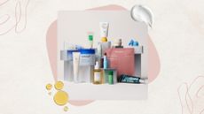 Image of the Lookfantastic K-Beauty Advent Calendar 2026 and its contents, on a beige background with pink swirls, oil and cream swatches