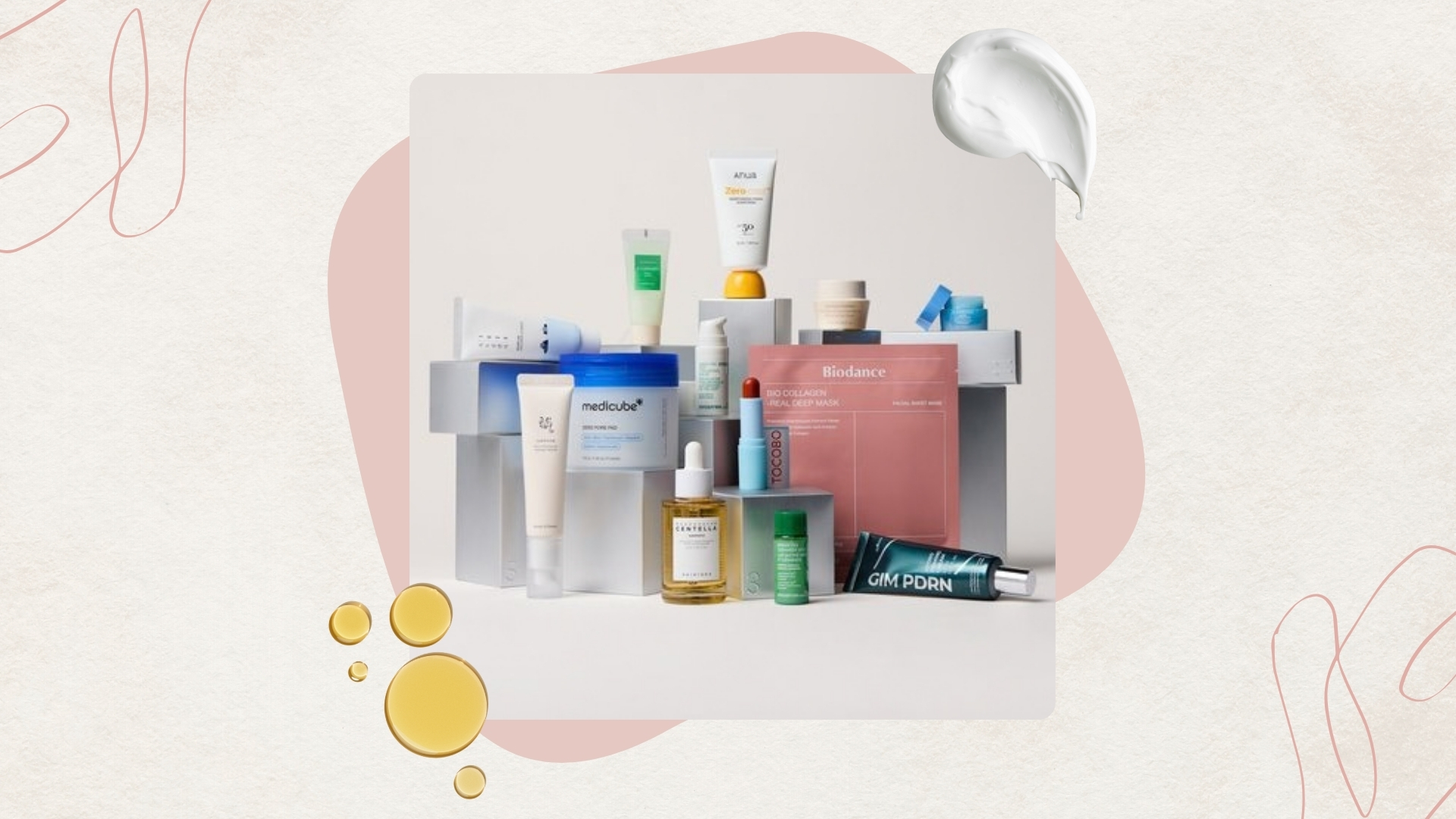 Image of the Lookfantastic K-Beauty Advent Calendar 2026 and its contents, on a beige background with pink swirls, oil and cream swatches