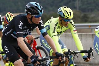 Chris Froome (Team Sky) and Alberto Contador (Tinkoff) chat in the bunch