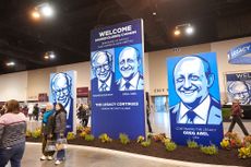 Signage depicting former Berkshire Hathaway CEO Warren Buffett and Berkshire Hathaway CEO Greg Abel ahead of the Berkshire Hathaway annual shareholders meeting in Omaha, Nebraska.