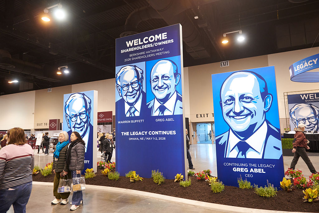 Signage depicting former Berkshire Hathaway CEO Warren Buffett and Berkshire Hathaway CEO Greg Abel ahead of the Berkshire Hathaway annual shareholders meeting in Omaha, Nebraska.