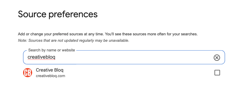 source preferences on Google with Creative Bloq in search bar