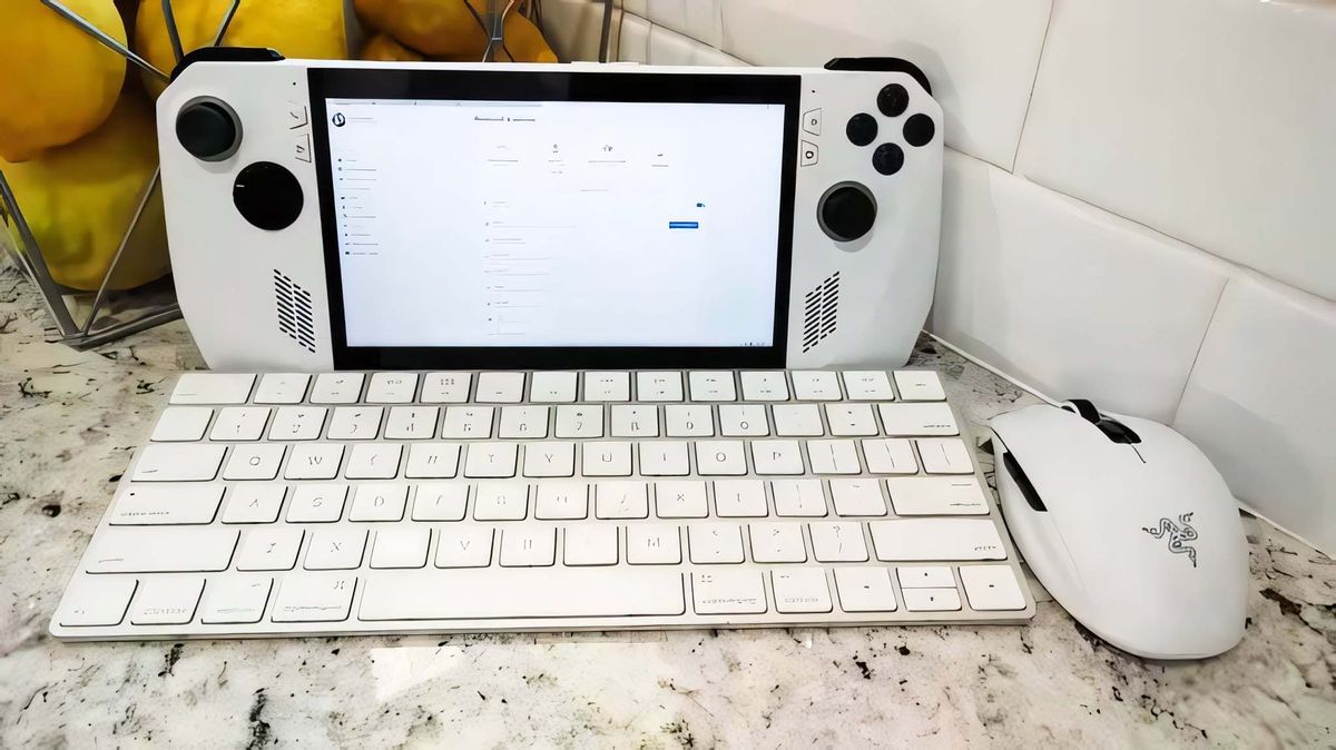 ROG Ally connected to a keyboard and mouse.