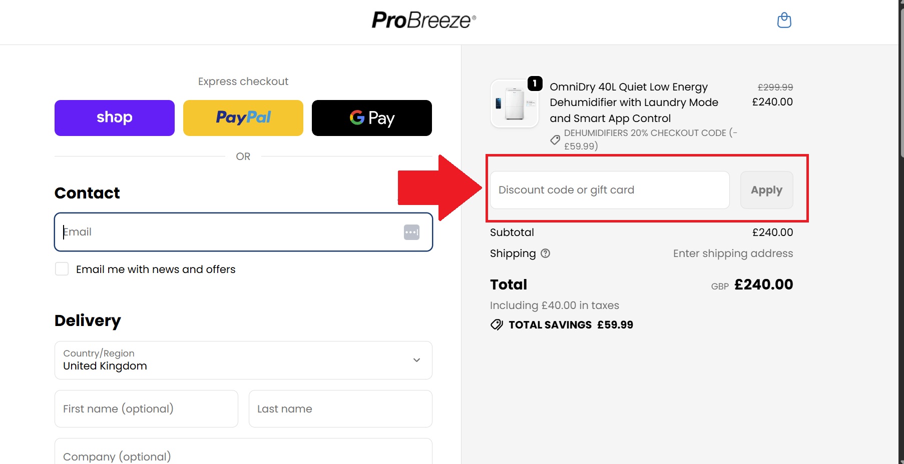 A screenshot of the pro breeze checkout page showing how to enter your pro breeze discount code
