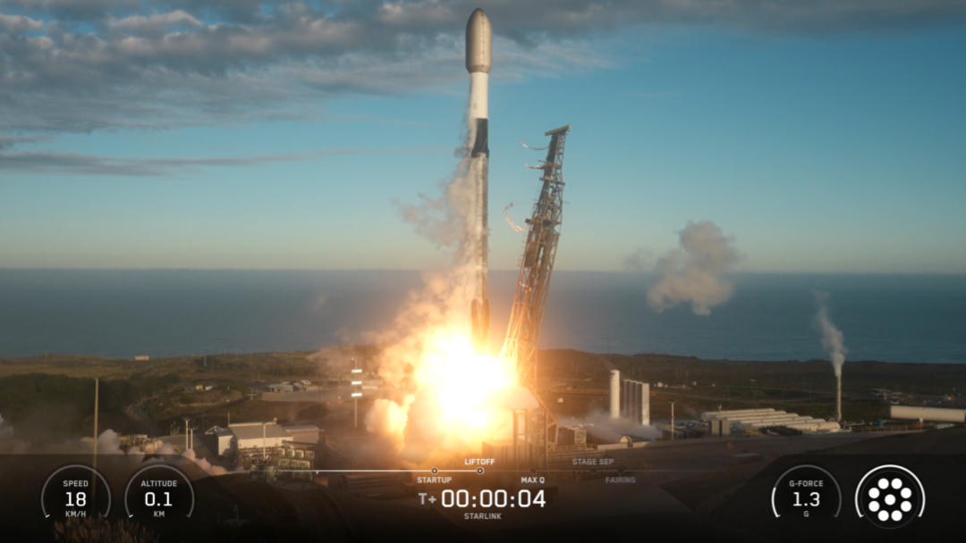 A black and white SpaceX satellite launches Starlink satellites from a seaside launch pad.