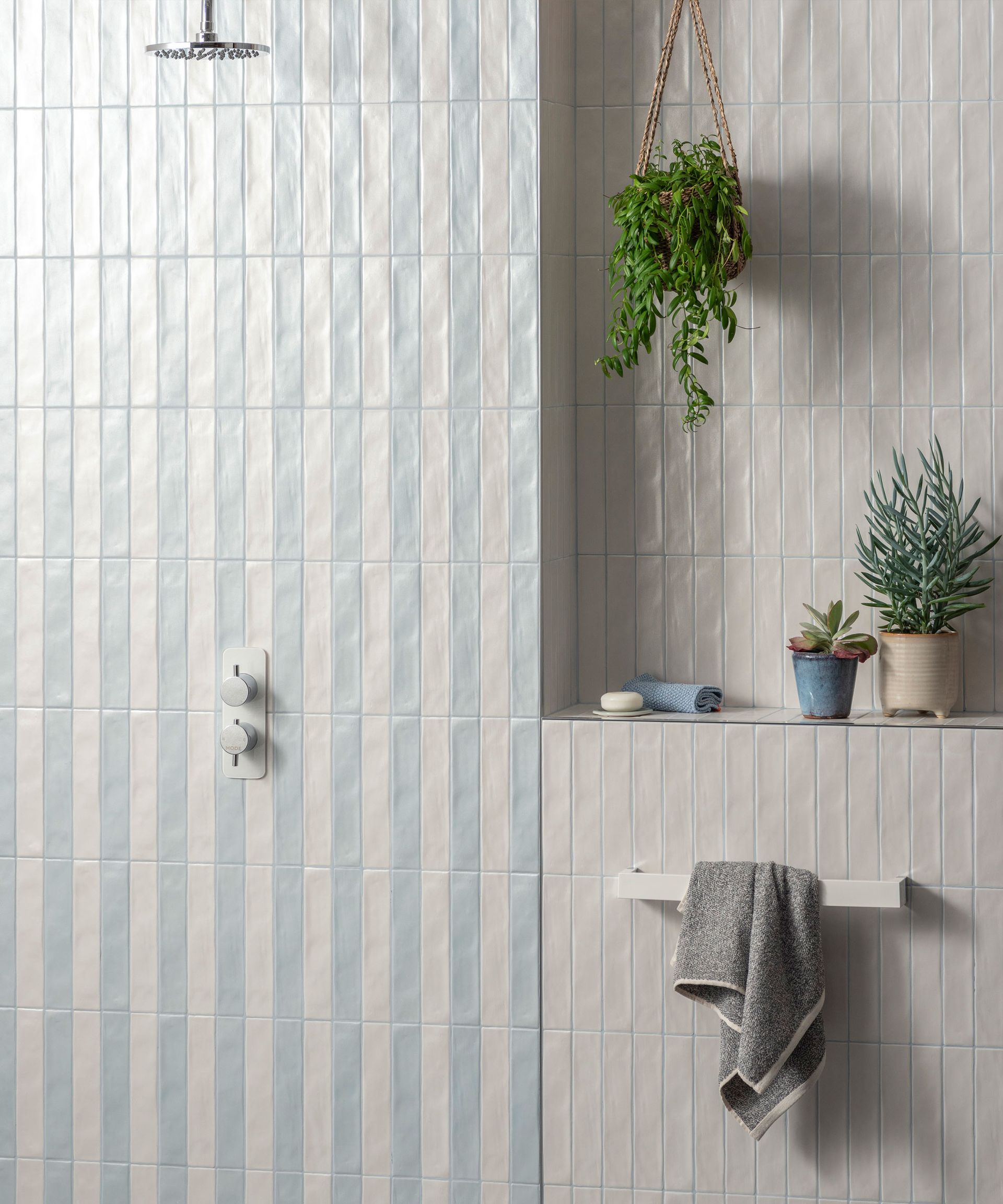 Blue and white vertical tiles, shower, integrated alcove with toiletries and plants